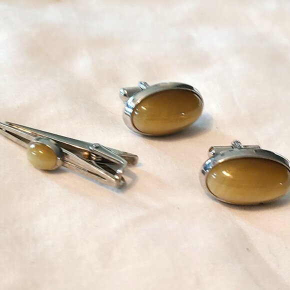 Vintage P.m.P. Cufflinks Tie Tack Clip Polished Stone Men's Accessories Set - Picture 3 of 9